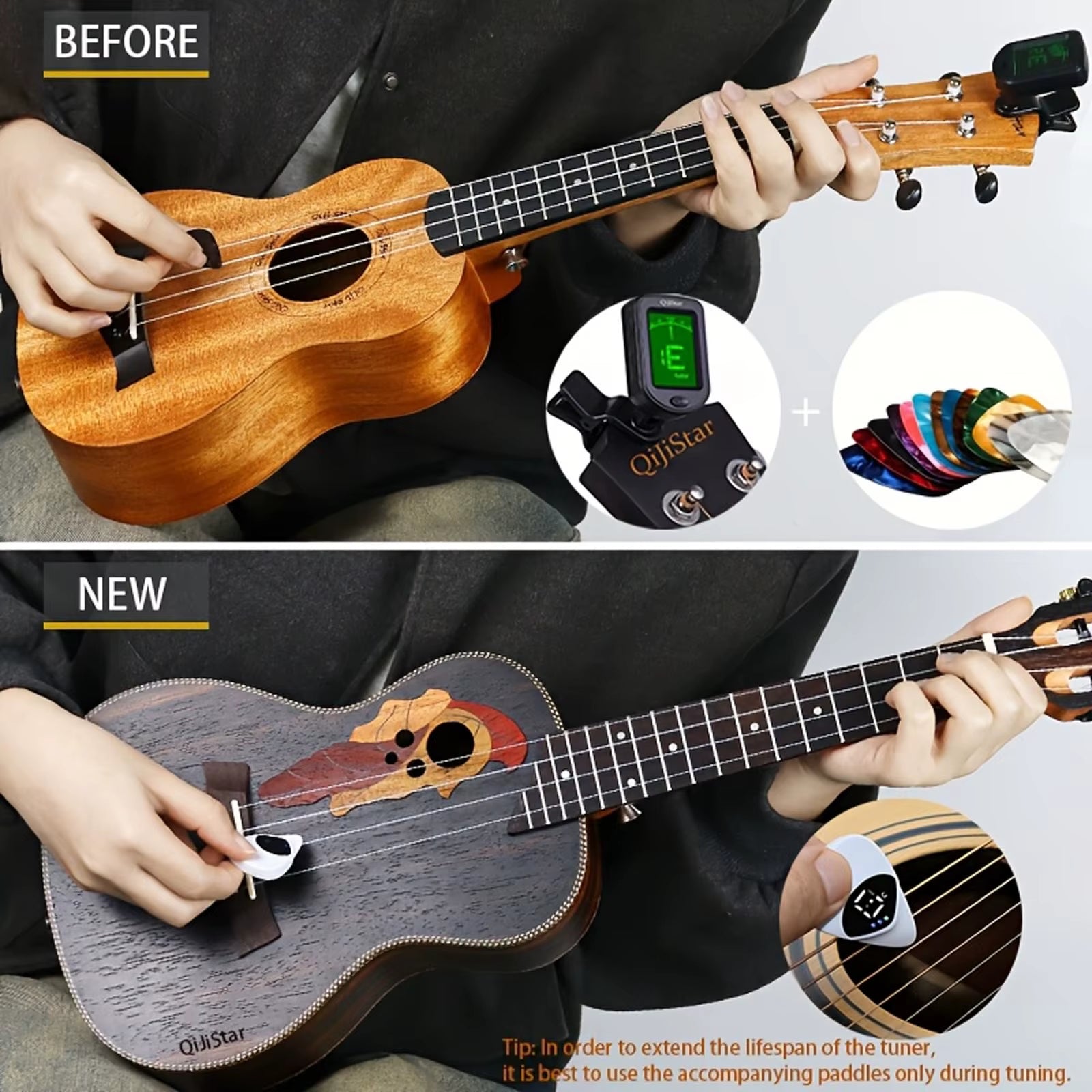 Portable Guitar Pick & Tuner Combo, 2-In-1 Functionality with Guitar Pick, Folk Guitar & Ukulele Tuner, 12-Tone Equal Temperamen